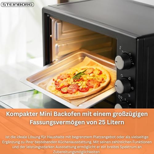 STEInBORG Mini Backofen 25 Liter | Pizza-Ofen | 3in1 Backofen | Minibackofen | Miniofen | Krümelblech | Ober-/Unterhitze | Konvektion | 60 minTimer | 1.600 Watt – Bild 3
