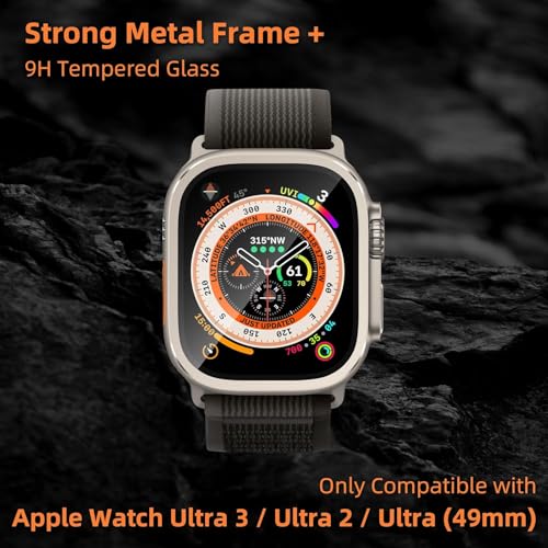 Image of HANKN for Apple Watch Ultra 3 /Ultra 2 /Ultra Screen Protector 49mm [2 Pack],9H Tempered Glass + Titanium Alloy Frame, [Keep Original] [Touch Sensitive] Lightweight Protective Glass Film for iwatch Ultra 3 /2 /1 [Black+Titanium]