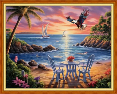 Image of DMCVIVR Stamped Cross Stitch Kits for Beginners Adults Needlepoint Kits for Beginners Embroidery Kits for Adults Crossstitch Kit for Beginners 11CT-Rest by the Seaside 16x20 inch