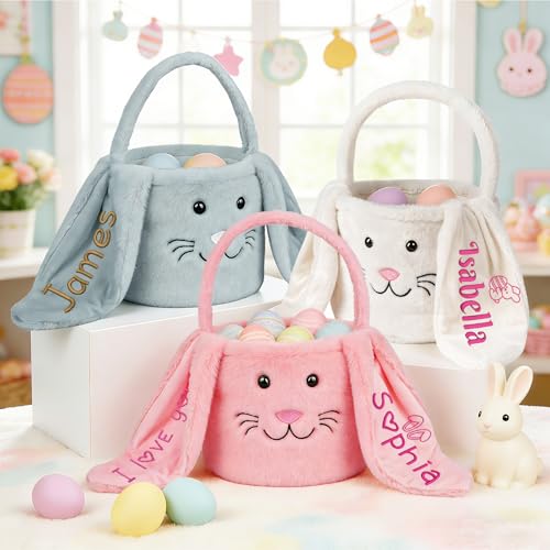 Personalized Easter Baskets for Kids Custom Embroidered Bunny Basket with Name Boys & Girls Spring Egg Hunt Tote with Long Plush Ear Easter Gift Basket Decor Birthday Christmas Gifts