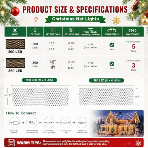 Image of Dazzle Bright Christmas Net Lights, 360 LED 12FT x 5 FT Transparent Wire Waterproof Connectable String Lights with 8 Modes Christmas Outdoor Lights for Bushes Garden Party Holiday Decoration (Green)