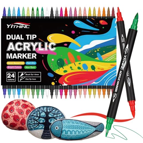 Feutres acryliques à double pointe, 24 couleurs Feutres acryliques permanents à double pointe 1-5 mm pour pierre, verre, toile, métal, bois, porcelaine, céramique, métal, plastique, bricolage de Noël