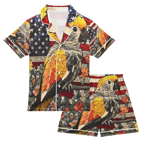 ALAZA Parrot American Flag Flower Satin Pajamas Set Short Sleeve Button Down Sleepwear Summer Pjs 2 Piece