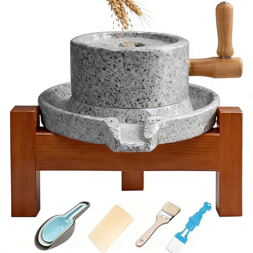 Handmade Stone Grain Mill - Manual Flour Mill & Grinder with Red Oak Frame for Home, Grinds Wheat, Nuts, Spices (Complete Kit)