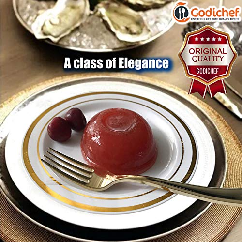 Godichef 100 Pcs Premium Gold Plastic Dessert Plates & 100 Pcs Gold Forks – 7.5Inch White & Gold Rim Cake Plates Disposable Salad Plates Fancy Gold Appetizer Plates Elegant Wedding Plates For Parties #TOP2