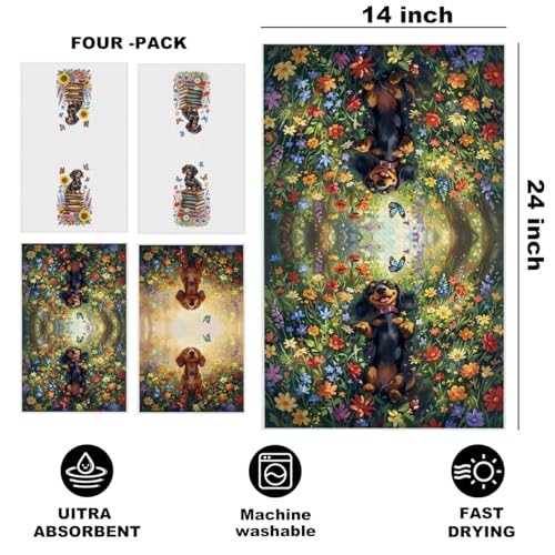 Image of 4 Pcs Cute Dachshund Floral Kitchen Towels 24x14 Inch, Floral Dachshund Gifts Reusable Dish Towels for Kitchen Bathroom Decor, Waffle Weave Absorbent Tea Towel, Weiner Dog Gifts for Women Mom Friend