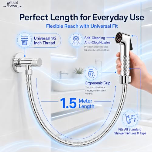 Image of Anti-Clog Jet Spray for Toilet with 1.5 Meter Pipe, ZeroBlock Silicone Nozzles, High Pressure Health Faucet, Leak-Proof Stainless Steel Jet Spray Gun, Bathroom Bidet Spray Full Set, Chrome