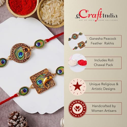 Image of eCraftIndia Set of 2 Om & Rudraksha Rakhis with Roli Pack - Rakhi for Brother