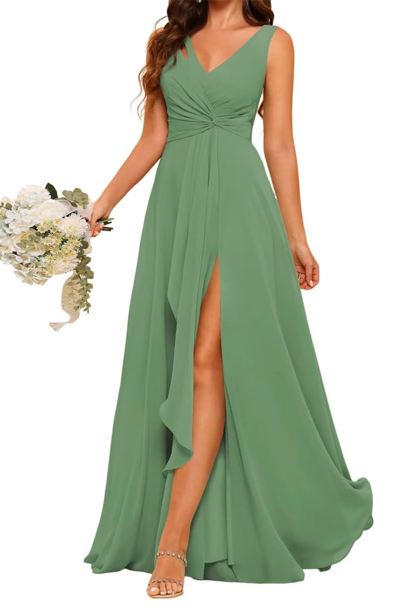 V-Neck Princess Bridesmaid Dresses with Slit Prom Dresses Chiffon Formal Evening Party Gown ZM131 Eucalyptus UK10