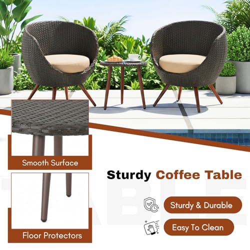 Image of DEVOKO 3 Pieces Outdoor Patio Wicker Furniture Conversation Set with Round Table for Balcony, Terrace, Garden (Dark Brown & Cream)