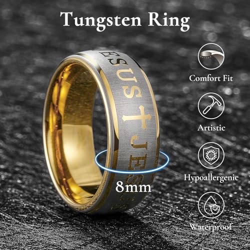 King Will 8mm Tungsten Rings for Men Lord's Prayer Engraved Mens Cross Ring Religious Christian Band Polished Brushed2
