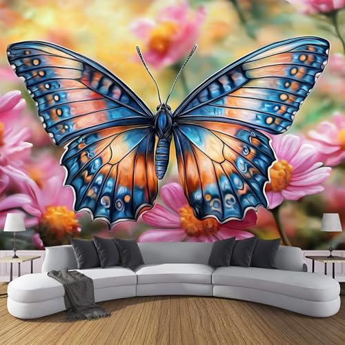 3D Seda Papel Pintado Panorámico Escena De Jardín, 150 × 105 Cm, Mariposas Flores Grandes Murales Tapiz Para Salón, Adulto Habitación De Niños, Estudio Decoración,Azul