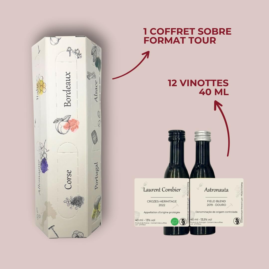 Coffret Vin à Partager - 12 Vins France & Europe - Dégustation Vin/Rouge/Blanc/Rosé - Coffret Dégustation Vins - 12 échantillons x 40 mL - Idée Cadeau - E-Tasting