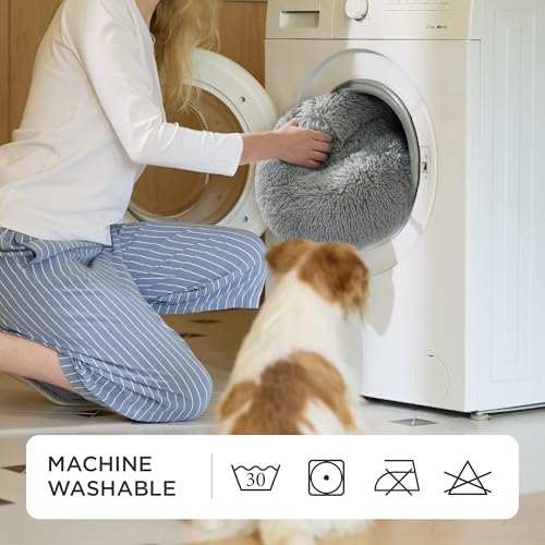 BEDSURE Hundebett waschbar Flauschiges Katzenbett - Ø 70 cm Katzenschlafplatz für Katzen und Hunde, plüsch Katzenkissen rund Kuschelbett, Hellgrau