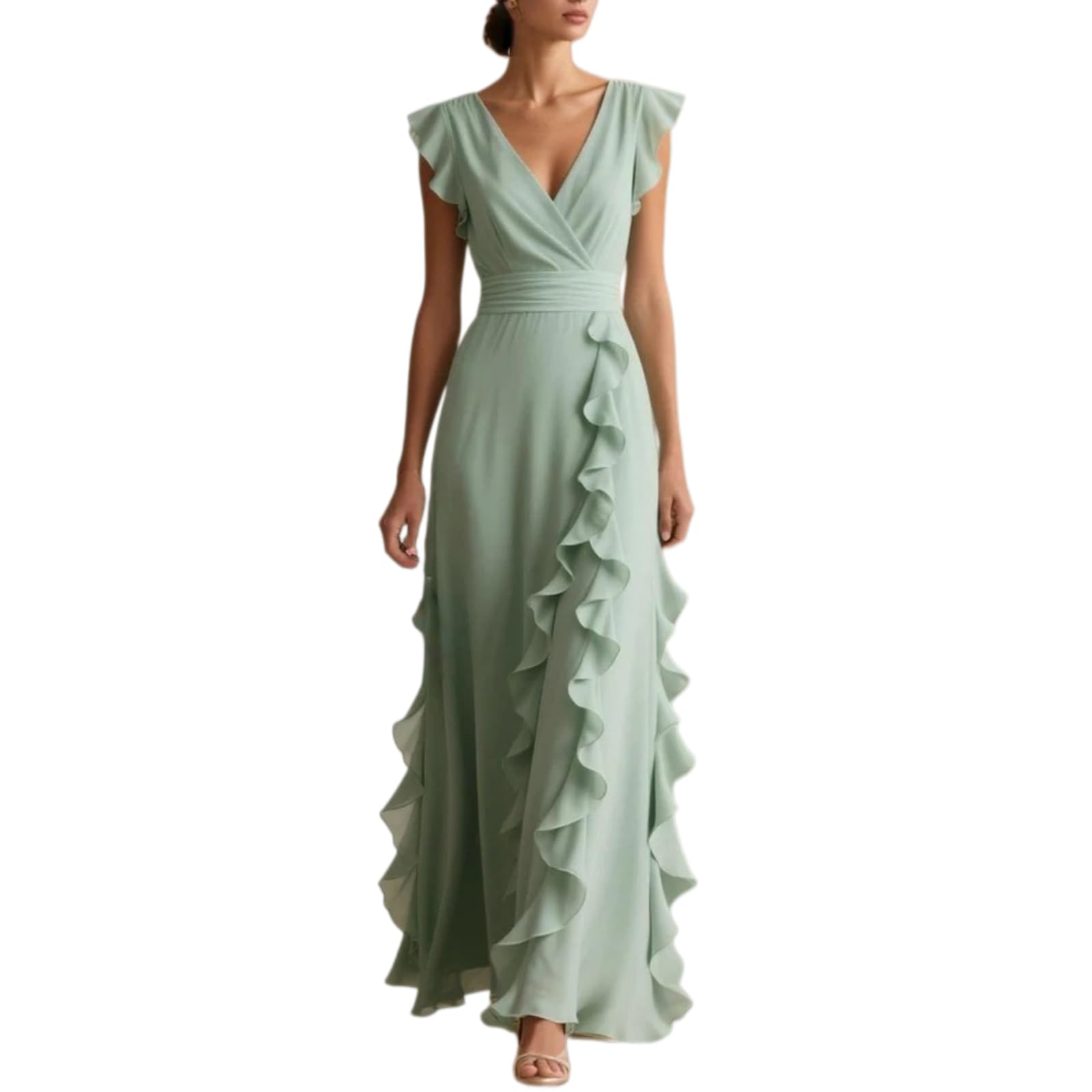 Vestido de Dama de Honor de Gasa con Volantes — Vestido Formal de Manga Corta, Largo, con Escote en V y Estilo corsé — Vestido de Noche para Bodas y Eventos Formales