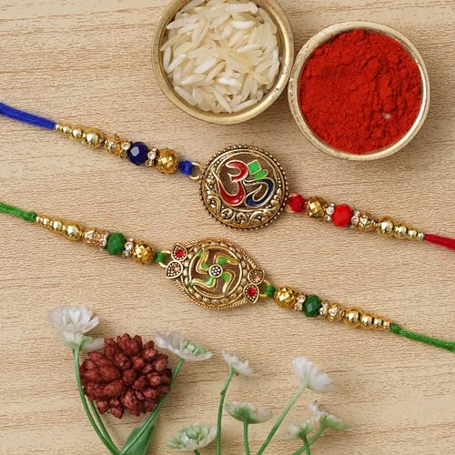 Image of eCraftIndia Set of 2 Beautiful Kundan Pearls Beads Designer Rakhis with Roli Chawal Pack