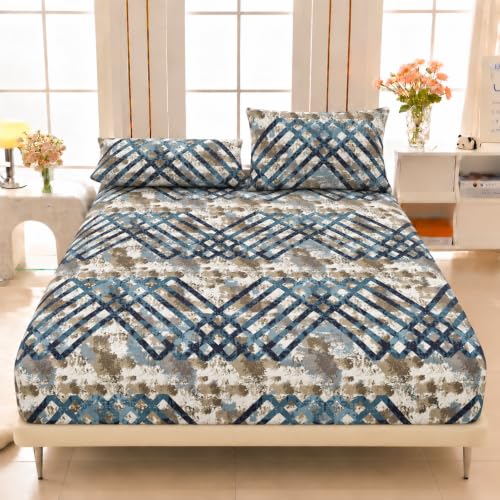 Image of VOMZER Elastic Fitted Warm Flannel Bedsheet King Size Warm Velvet Bedsheet for Winter Double Bed | 2 Pillow Covers, Size - 72 x 78 x 8 Inches (Geometric Print)