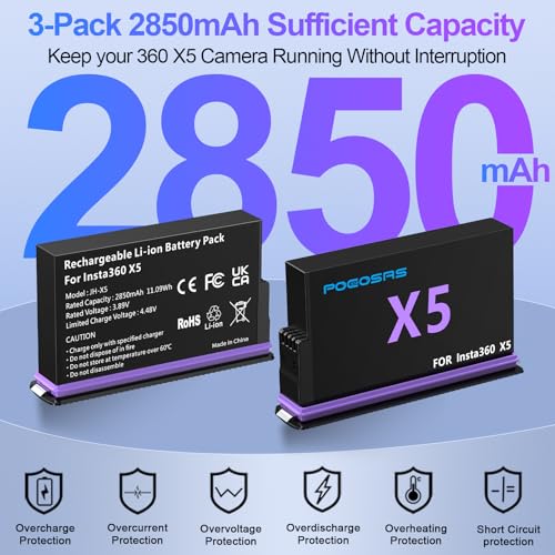 Image of 360 X5 Battery for insta360 x5,2-Pack 2850mAh 360 X5 Replacement Batteries with Fast Charger for Insta 360 X5 Camera（x5Battery Protection Cases*2）