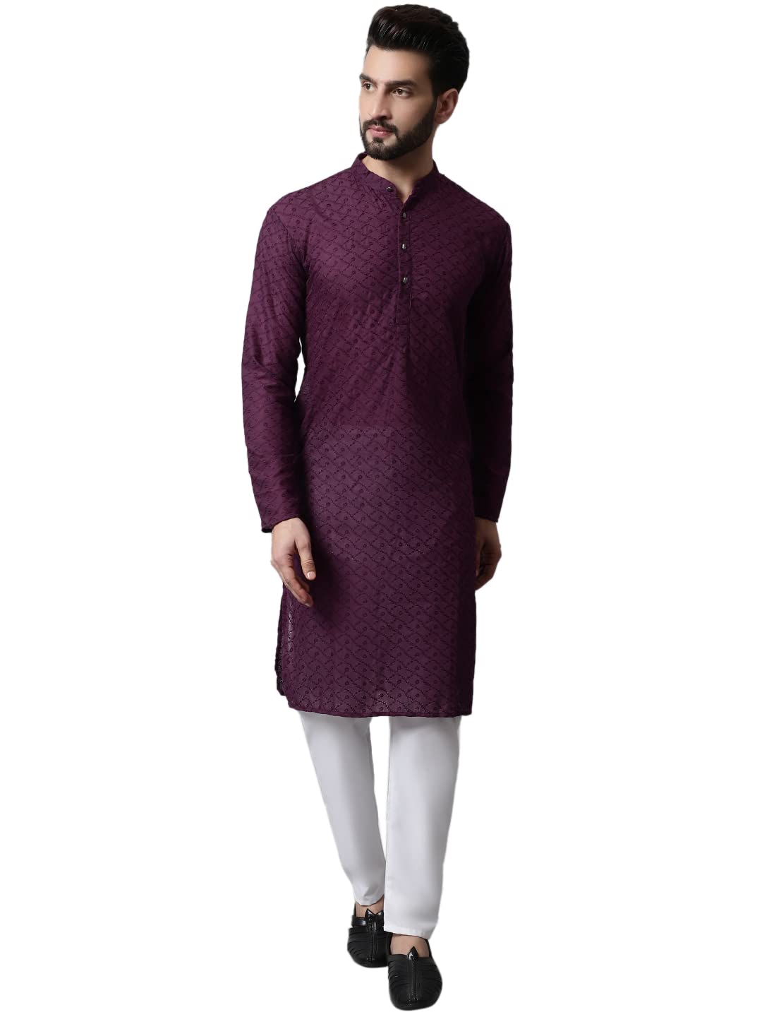 Jompers Men Purple And White Embroidered Kurta With Churidar (Purple, S)