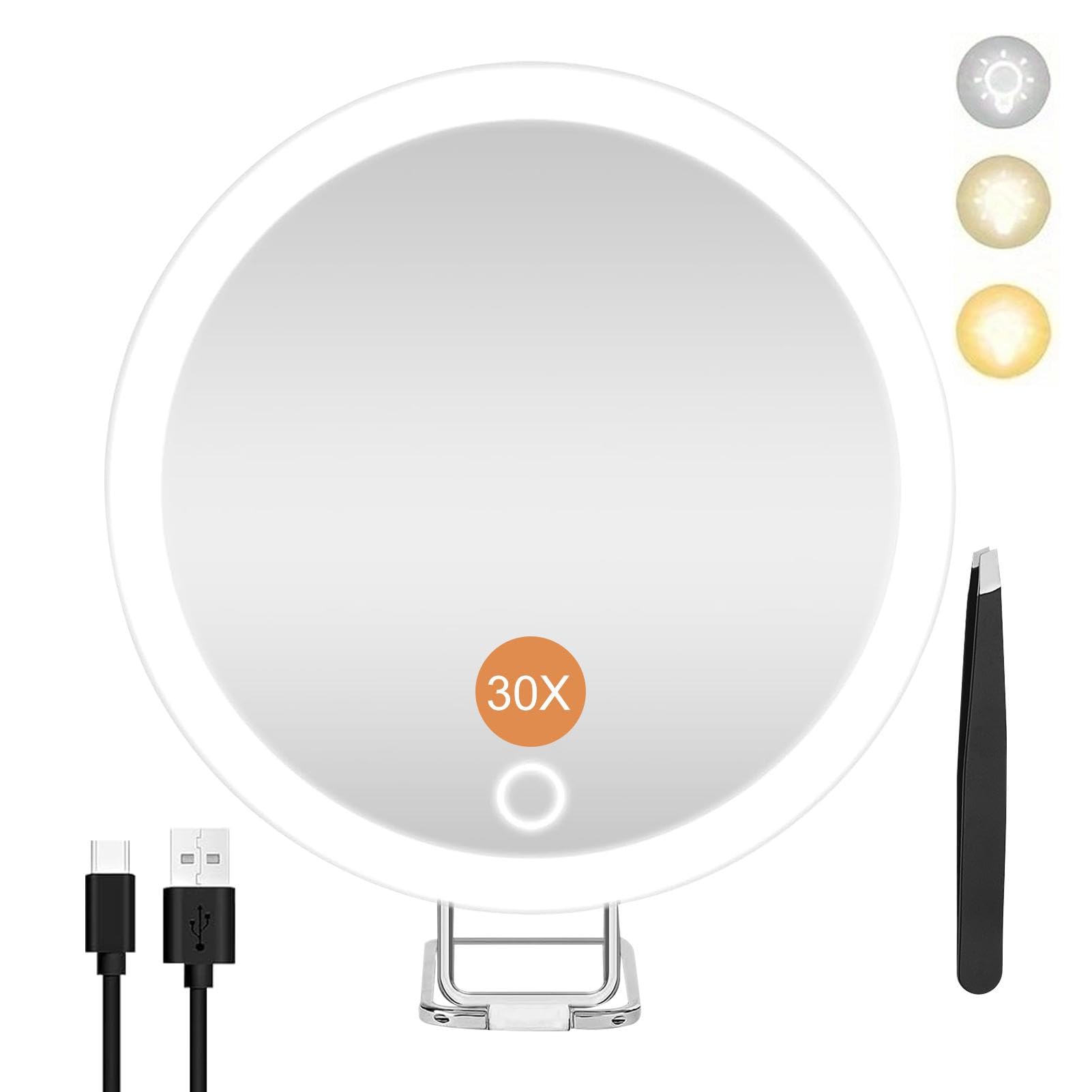Espejo de aumento con luz, 30 aumentos, 360 grados, espejo de afeitar iluminado LED, espejo de maquillaje recargable con 3 colores de luz y ventosa fuerte