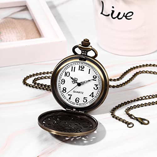 Image of JewelryWe Bronze Flower Pocket Watch: Retro Vintage Pendant Watch with Openwork Cover and 32.3 Inch Chain - for Men Women Daily Wear and Gift Giving
