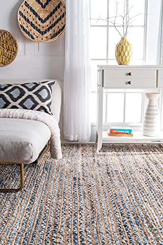 Image of Jute Braided Natural Hand Woven & Reversible Rug for Living Room Kitchen Entryway, Farmhouse Rustic Burlap Carpet Floor Mat (denimjute, 6X9-feet)