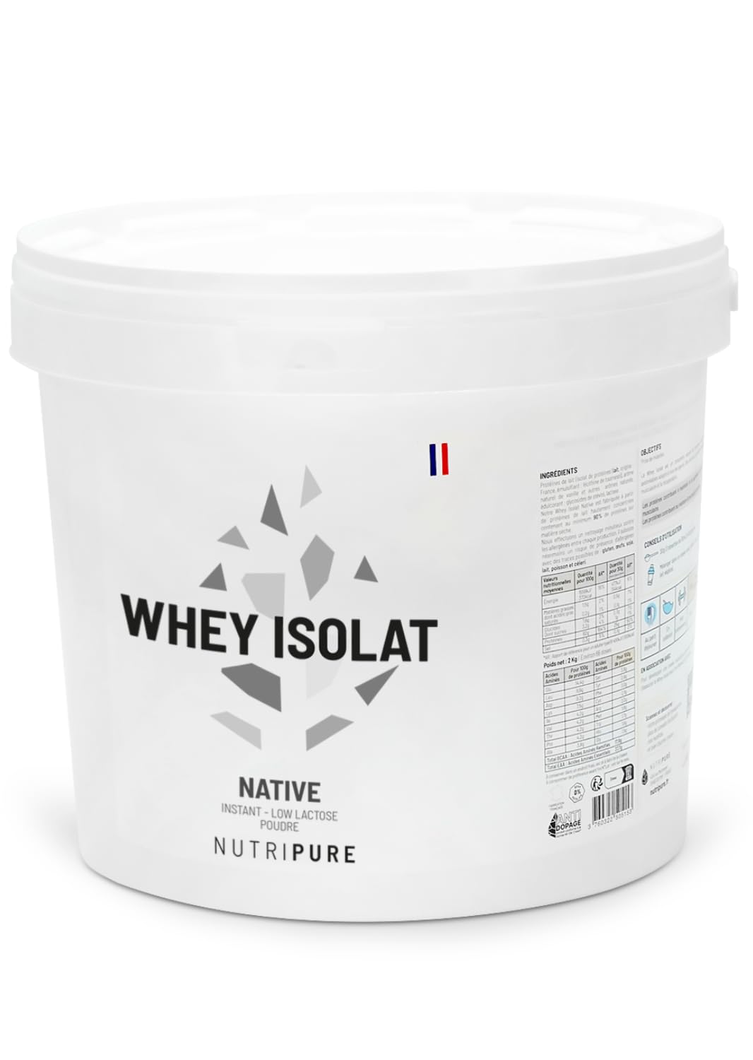Nutripure - Whey Isolate Native - 28g de Protéines - Goût Neutre - 2 kg | Développement Musculaire, Prise de Masse & Sèche - Lait Français - 20% BCAA, 41% EAA - 66 Portions - Made in France