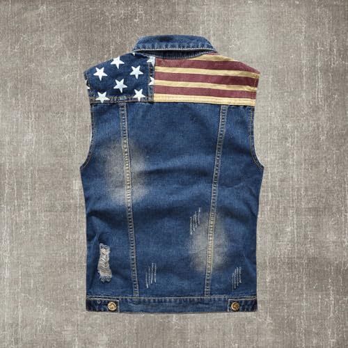 Mens Denim Vests Sleeveless USA Stars Stripes Patriotic Button Down Jean Vest Jackets3