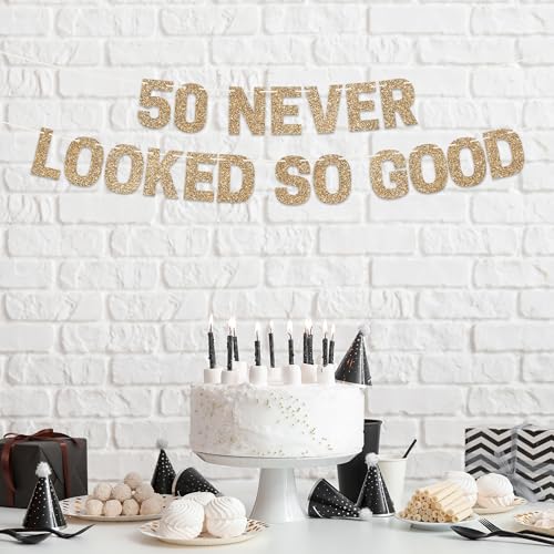Image of Pre-Strung 50 Never Looked So Good Banner - Gold 50th Birthday Banner | No DIY - Pre-Strung on 10 ft Strands - Gold Glitter Birthday Party Decorations for Men & Women - Funny Bday Decor