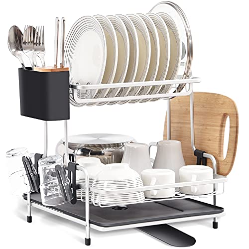 Kingrack Égouttoir à Vaisselle 2 étages en Aluminium de qualité supérieure avec Plateau d'égouttement, 3 emplacements pour Couverts, Porte-gobelet Amovible, Porte-Assiettes pour Cuisine