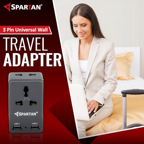 Image of Spartan 3 Pin All Multiplug Charger /Travel Adapter, 10A Power Sockets / 2Pin & 3Pin Socket Adapter with Dual USB Charging Port (Grey, Pack of 1)