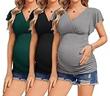 Ekouaer Womens Maternity T Shirts 3 Packs Tunic Nursing Tops Short Sleeve Pregnancy Clothes Lake Green/Black/Grey XL