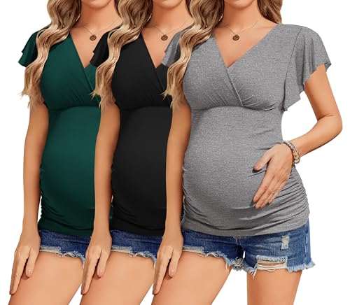 Ekouaer Women's Maternity Tops 3 Packs V Neck Breastfeeding Shirts Short Sleeve Pregnancy Blouses Lake Green/Black/Grey L
