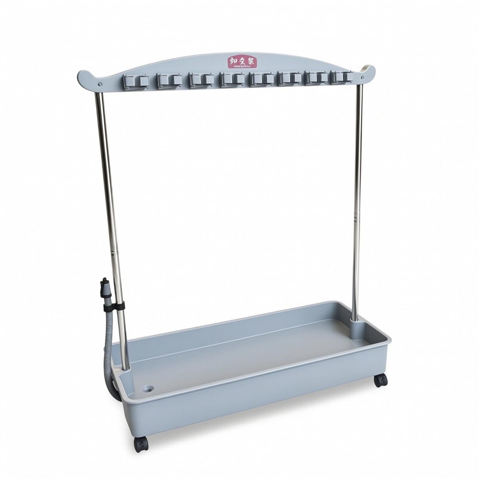 Soporte para Fregonas Estante con Cubeta Organizador con Ruedas Barra con Ranuras Marco de Acero Inoxidable con Desagüe Lateral Adecuado para Oficinas, Gris, 100cm