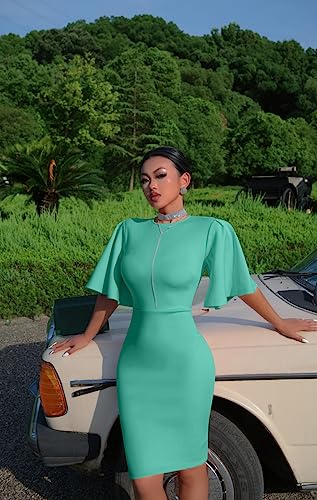 Image of Memoriesea Women's Basic Bodycon Ruffle Flared Short Sleeve Pencil Midi Dress