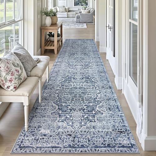 KUTA Vintage Washable Rug Runners 3x10, Blue White Non-Slip Kitchen Hallway Long Rugs 10ft with Rubber Backing, Printed Modern Soft Carpet for Entryway Indoor Dining Room