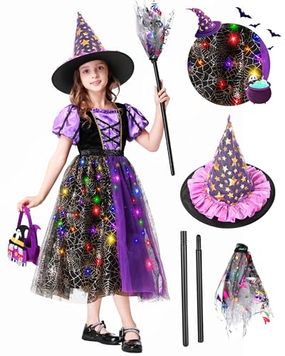 Charmofun Vestito Strega Bambina con Luci LED, Costume Strega Bambina con Cappello Scopa e Borsa Dolcetti, Vestito Halloween con Ragnatela Dorata, Costume per Cosplay (L)