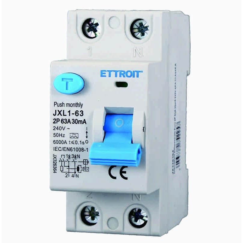 Interruttore Differenziale Puro 2P 63A 30mA 220V-6KA CLASSE A 30mA per Guida DIN - 2 Moduli DIN - Protezione Circuiti e Sicurezza Impianti