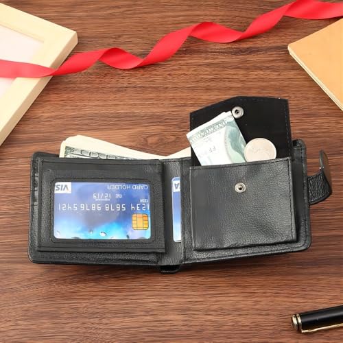 Wallet for Men Bifold Styles Fasten with Leather Belt Button Buckle Larger Capacity Multiple Card Slots with Coin Packet/Card Photo Holder Zipper wallets with ID Window(Black)3