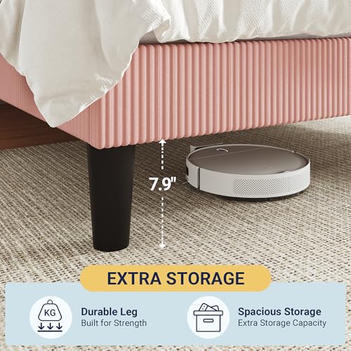 Image of Allewie Queen Bed Frame, Corduroy Tufted Headboard, Light Pink | Soft Corduroy Fabric, Adjustable Headboard, 900 lb Capacity, Wooden Slats, No Box Spring Needed, Easy Assembly