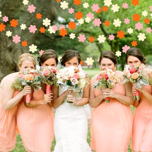 Image of Orange-Pink Fall Party-Decorations Streamers-Garland - 52ft Boho Flower Hanging Paper Banner, Groovy Birthday Baby Bridal Shower Bachelorette Wedding Engagement Thanksgiving Day HalloweenDecor Hugfond