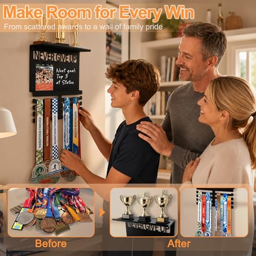 Image of Running Medal Hanger Display with Trophy Shelf, Never Give Up Race Medal Display with Photo or Race Bib Holder, Writable Goal Area, Wall Mounted, Black