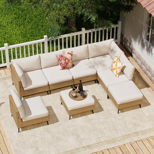 SUNCOZE 8 Pieces Outdoor Patio Furniture Sets, Outdoor Sectional Furniture PE Rattan Wicker Sofa Set, All Weather Patio Conversation Set with Cushion and Ottoman for Deck, Lawn and Pool