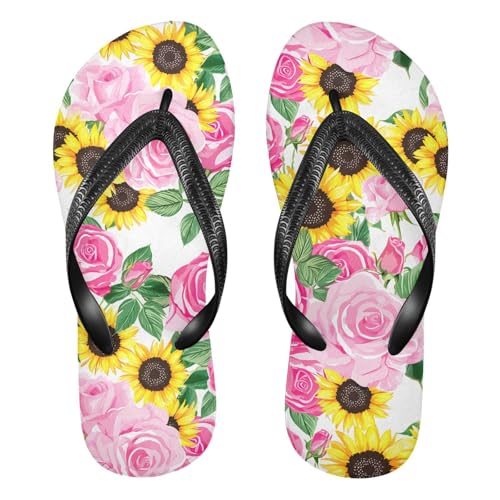 Rose Sunflowers White Flip Flops for Beach Thong Sandals Anti-slip Lightweight Shower Shoes for Summer Outdoor Travel