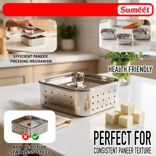 Image of Sumeet Stainless Steel Square Shape Paneer /Tofu /Sprout Maker /Mould /Press, Easy and Perfact for Home Made Healthy Paneer, 12.5cm Dia, 600gms Paneer from, 3 liter Milk, Silver