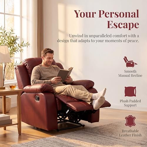 Image of Single Leather Manual Recliner Chair, Oversized Lazy Boy Recliner with Home Theater Seating, Breathable Living Room Reclining Chair for Adults Reading, Gaming, Relax, Red