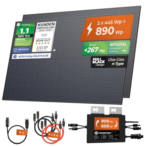 Solarway® 890W Balkonkraftwerk 800W komplett Steckdose - neuester 800 Watt Wechselrichter - Solaranlage Komplettset - 445W bifaziale Solarmodule & Envertech & Zubehör