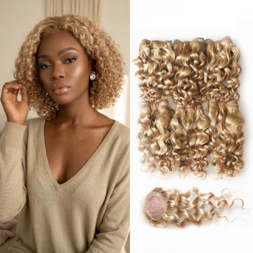 Natural Brazilian Dark Blonde Human Hair Extensions Short Curly Hair Bundles 27# Golden Virgin Human Hair Bundles Deep Curly Weave