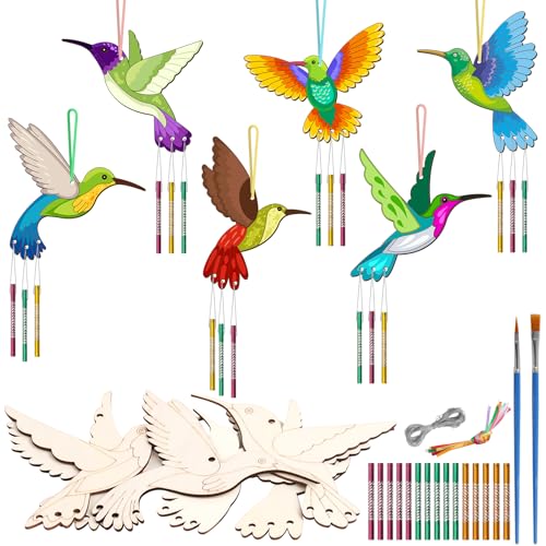 6 Pack Wind Chime Kit for Kids to Paint Make You Own Wind Chimes Wooden Art Arts and Crafts Ornaments Spring Summer Party Decoration for Kids and Adults (Hummingbird)