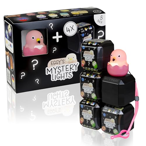 MegaLight Blind Box Mini Nachtlichter für Kinder 5er Pack | Mystery Box | Pinky Flamingo + 4 aus 9 per Zufall | stufenlos dimmbar | mit Anhänger | USB-C AKKU | wiederaufladbar | EGGYS Mystery Lights
